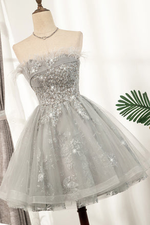 light gray strapless tulle dress