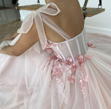 Light Pink Straps A Line Tulle Long Prom Dress with Flowers, Long Formal Gown UQP0127