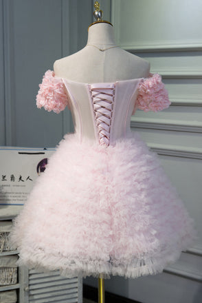 Cute Off the Shoulder Pink Homecoming Dress with Flowers, Short Prom Gown UQH0085