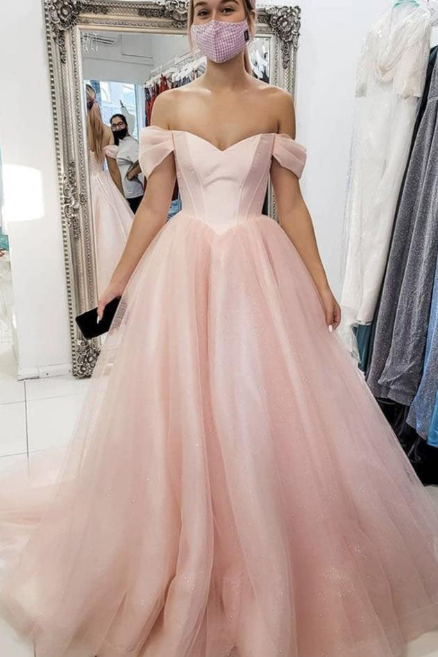 Light Pink Off the Shoulder Long Tulle Prom Evening Dress, A Line New Party Dress UQP0059