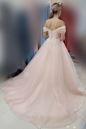 Light Pink Off the Shoulder Long Tulle Prom Evening Dress, A Line New Party Dress UQP0059