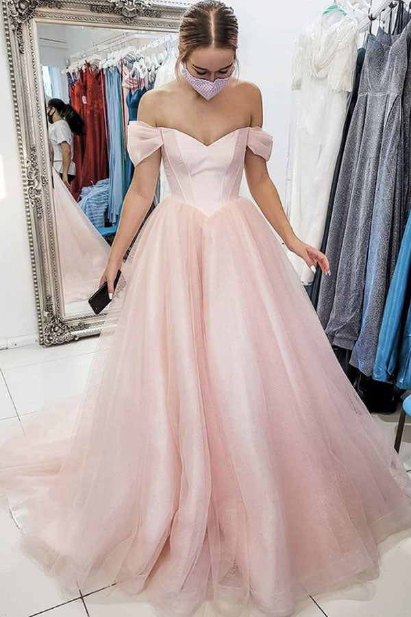 Light Pink Off the Shoulder Long Tulle Prom Evening Dress, A Line New Party Dress UQP0059