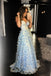 Light Sky Blue Spaghetti Straps Long Prom Gown with Flowers Evening Dress UQP0200