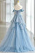 Light Sky Blue Off the Shoulder Tulle Prom Dress, Sparkly Long Party Gown UQP0216