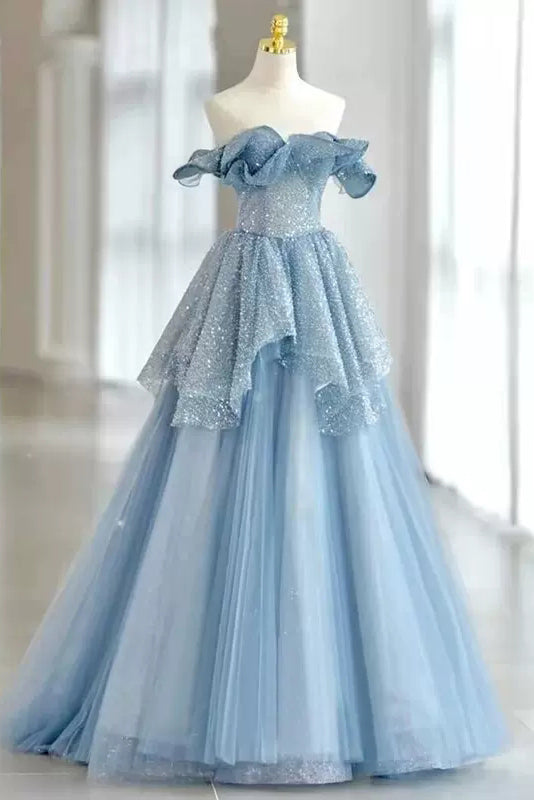 Light Sky Blue Off the Shoulder Tulle Prom Dress, Sparkly Long Party Gown UQP0216