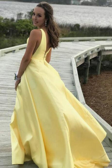 Light Yellow V Neck Simple Satin Prom Dress, Cheap Formal Gown UQP0102