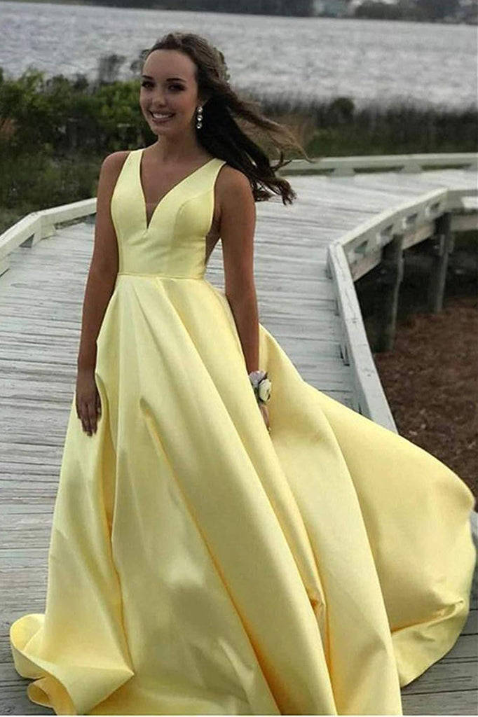 Light Yellow V Neck Simple Satin Prom Dress, Formal Gown UQP0102