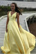 Light Yellow V Neck Simple Satin Prom Dress, Formal Gown UQP0102