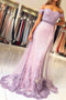 Lilac Off the Shoulder Mermaid Prom Dress with Appliques, Charming Beaded Evening Dress UQ1747