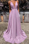 Lilac Deep V Neck Long Prom Dresses, A Line New Shiny Evening Dresses UQP0008