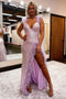 Chic Lilac V Neck Sleeveless Mermaid Long Prom Dress with Slit, Formal Gown UQP0135