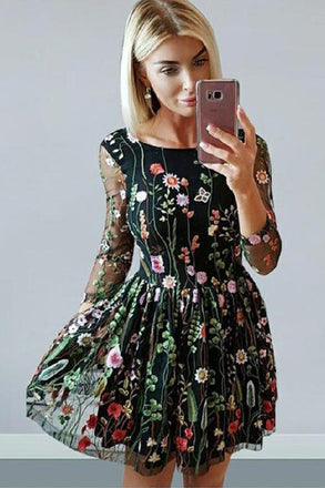 A Line Cute 3D Lace Homecoming Dress with Long Sleeves, Cute Prom Dress with Flowers UQ2163