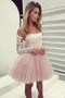 A-Line Sheer Neck Long Sleeves Pink Tulle Homecoming Cocktail Dress with Appliques UQ1900