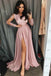 Simple V Neck Long Prom Dress with Long Sleeves, Pink Split Evening Dress with Lace UQ1732