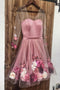 Pink V Neck 3D Applique Short Prom Dress, Long Sleeves Homecoming Dress UQ1840