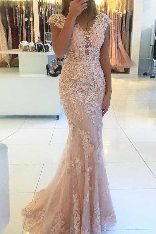 Mermaid Cap Sleeves Tulle Prom Dress with Lace Appliques, Long V Neck Evening Dress UQ2024