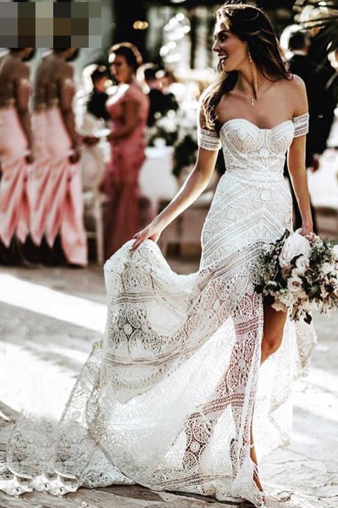 Modest Sweetheart Neck Lace Bridal Dress Beach Wedding Dresses, Boho B Uniquedresss Modest Sweetheart Neck Lace Bridal Dress Beach Wedding Dresses, Boho B Uniquedresss