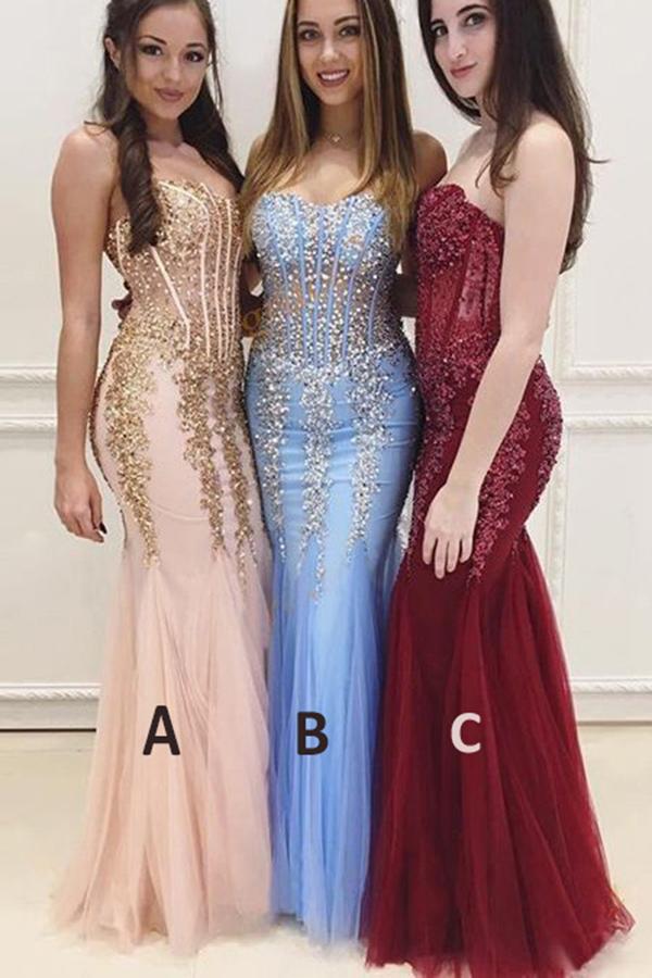 Floor Length Sweetheart Mermaid Prom Dress with Appliques, Strapless Tulle Formal Dress UQ2437