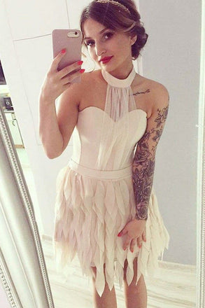 A-Line Halter Backless Short Homecoming Dress with Ruffles, Mini Homecoming Dress UQ1911