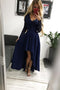 High Low Long Sleeves V Neck Prom Dress, Dark Blue A Line Graduation Dress with Lace UQ1690