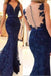 Navy Blue Sleeveless Lace Formal Dresses, Mermaid Sheer Back Lace Prom Gown N2028