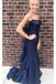 Navy Blue Spaghetti Straps Satin Mermaid Prom Dress with Ruffles, Formal Gown UQP0120