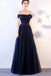 Dark Blue Off the Shoulder Floor Length Tulle Ruched Long Prom Gown with Belt UQP0083