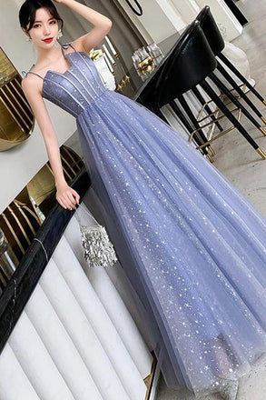 Unique Sparkle Straps Floor Length Tulle Prom Dress, A Line Sleeveless Evening Dresses UQ2101