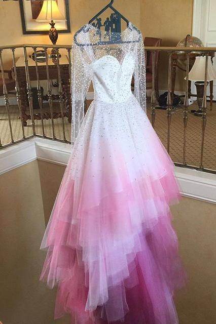A-line Colorful Pink and White Long Sleeves Sheer Long Wedding Dress UQW0002