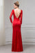 Red Long Sleeves V Neck Mermaid Floor Length Evening Dress with Lace UQ2330