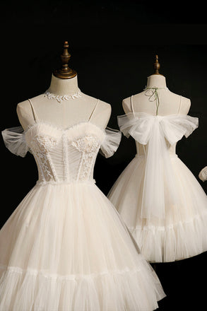 Ivory Spaghetti Straps Tulle Homecoming Dress with Appliques, Short Prom Gown UQH0137