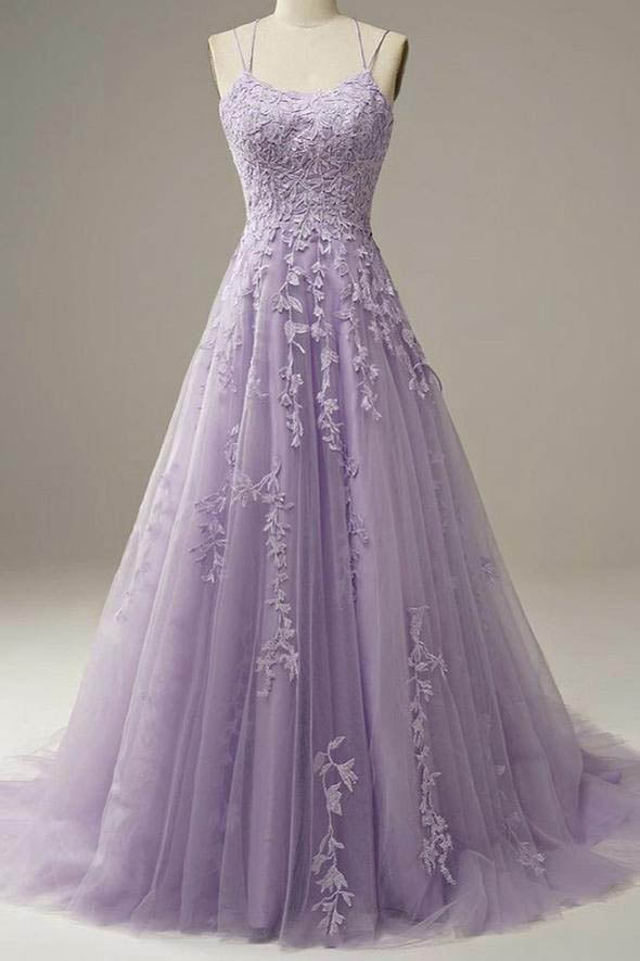Light Purple Lace Applique A Line Spaghetti Straps Prom Dress Evening Gown UQP0071