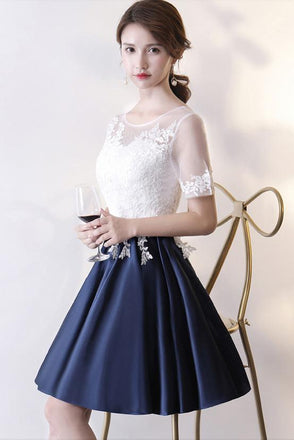Dark Blue Knee Length Satin Homecoming Dress with Short Sleeves, Short Prom Dress with Lace UQ2223
