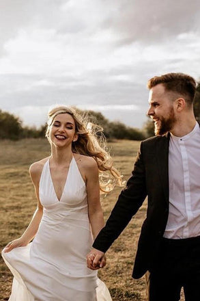 A Line Halter Ivory V Neck Beach Wedding Dresses, Sleeveless Boho Wedding Dresses UQ2359