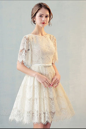 A Line Half Sleeves Lace Homecoming Dress, Cute Lace Sweet 16 Dress with Belt UQ1948