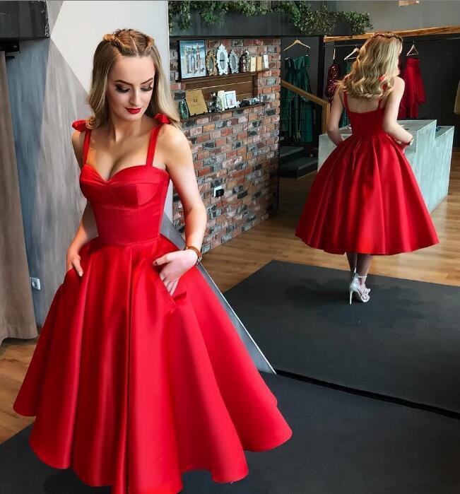 Red Straps Tea Length Satin Homecoming Dresses, A Line Sleeveless Graduation Dresses UQ2173