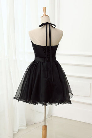 Black Halter Sleeveless Short Tulle Homecoming Dresses, Cute Little Black Short Prom Dresses UQ1938