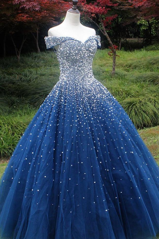 Sparkle Off the Shoulder Blue Ball Gown Prom Dresses, Puffy Tulle Quin Uniquedresss Sparkle Off the Shoulder Blue Ball Gown Prom Dresses, Puffy Tulle Quin Uniquedresss