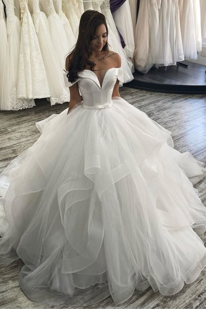 Puffy Off the Shoulder Tulle Wedding Dress, Charming Long Bridal Dresses UQW0036