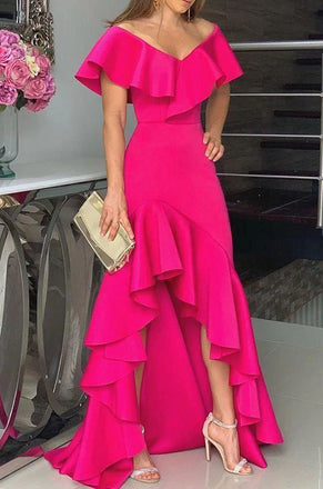 Hi-lo Off the Shoulder Long Prom Dress with Ruffles, Long Party Dress UQP0143