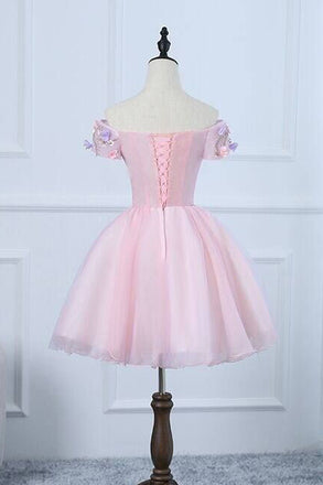 A Line Off the Shoulder Tulle Short Homecoming Dress with Flowers UQH0107
