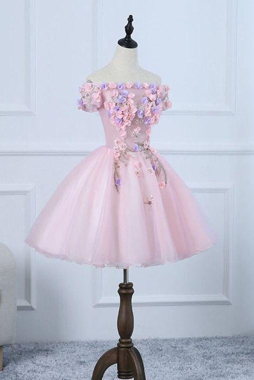 A Line Off the Shoulder Tulle Short Homecoming Dress with Flowers UQH0107