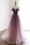 A Line Off the Shoulder Ombre Prom Dresses with Belt, Purple Gradient Long Tulle Formal Dress UQ2436