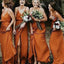 Spaghetti Strap V Neck Split Long Bridesmaid Dress, Orange Bridesmaid Dresses UQ2367