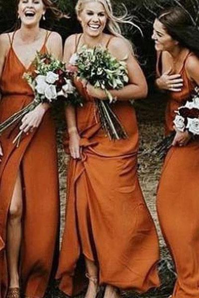 Spaghetti Strap V Neck Split Long Bridesmaid Dress, Orange Bridesmaid Dresses UQ2367