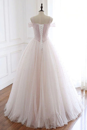Pearl Pink Straps A Line Tulle Long Prom Dress with Pearls, Long Formal Gown UQP0128