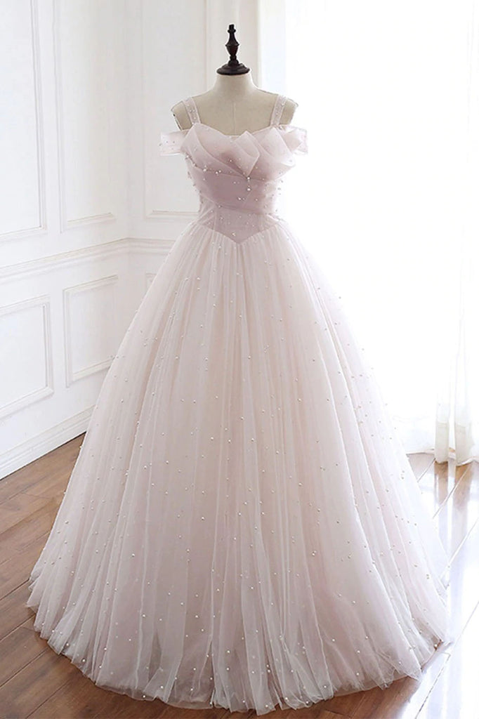 Pearl Pink Straps A Line Tulle Long Prom Dress with Pearls, Long Formal Gown UQP0128