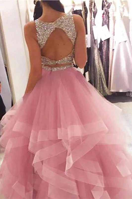 Two Piece Long Tulle Prom Dress with Sequins, Sparkly Long Party Gown UQP0169