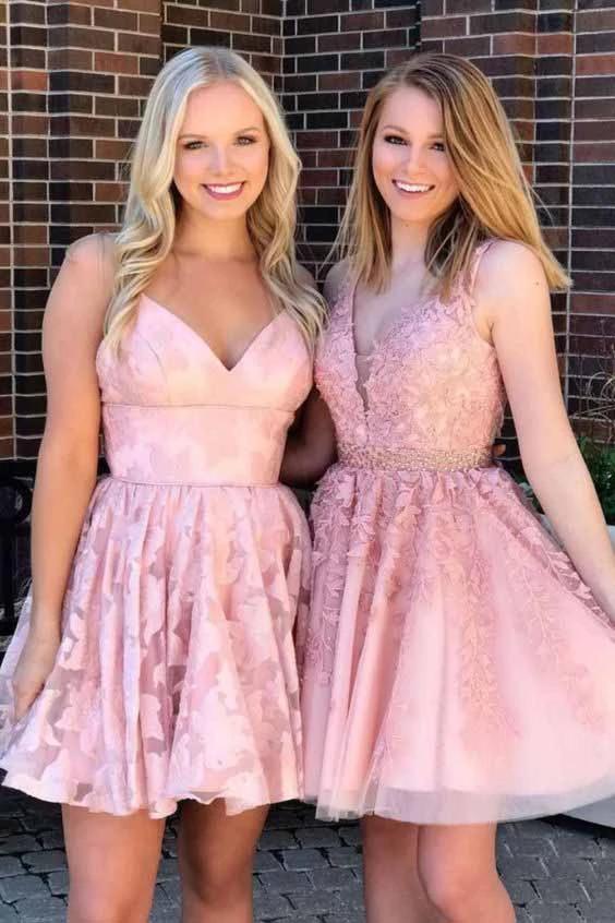 A Line Lace Appliques V Neck Above Knee Homecoming Dresses Short Prom Dress N2133