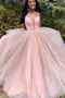 Spaghetti Straps Tulle Long Prom Dress with Lace Appliques, New Pink Long Party Dress UQ2466